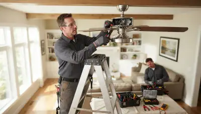 Electrician repairing a ceiling fan in a Spokane, WA home