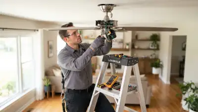 Spokane electrician repairing a residential ceiling fan in a Spokane, WA home