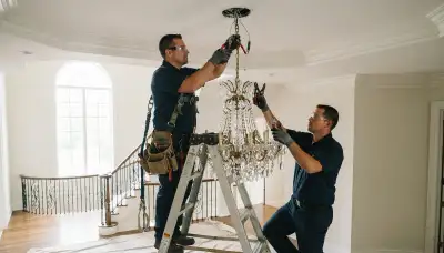 Chandelier installation by an electrician in an older Spokane, WA home with existing wiring and panel conditions