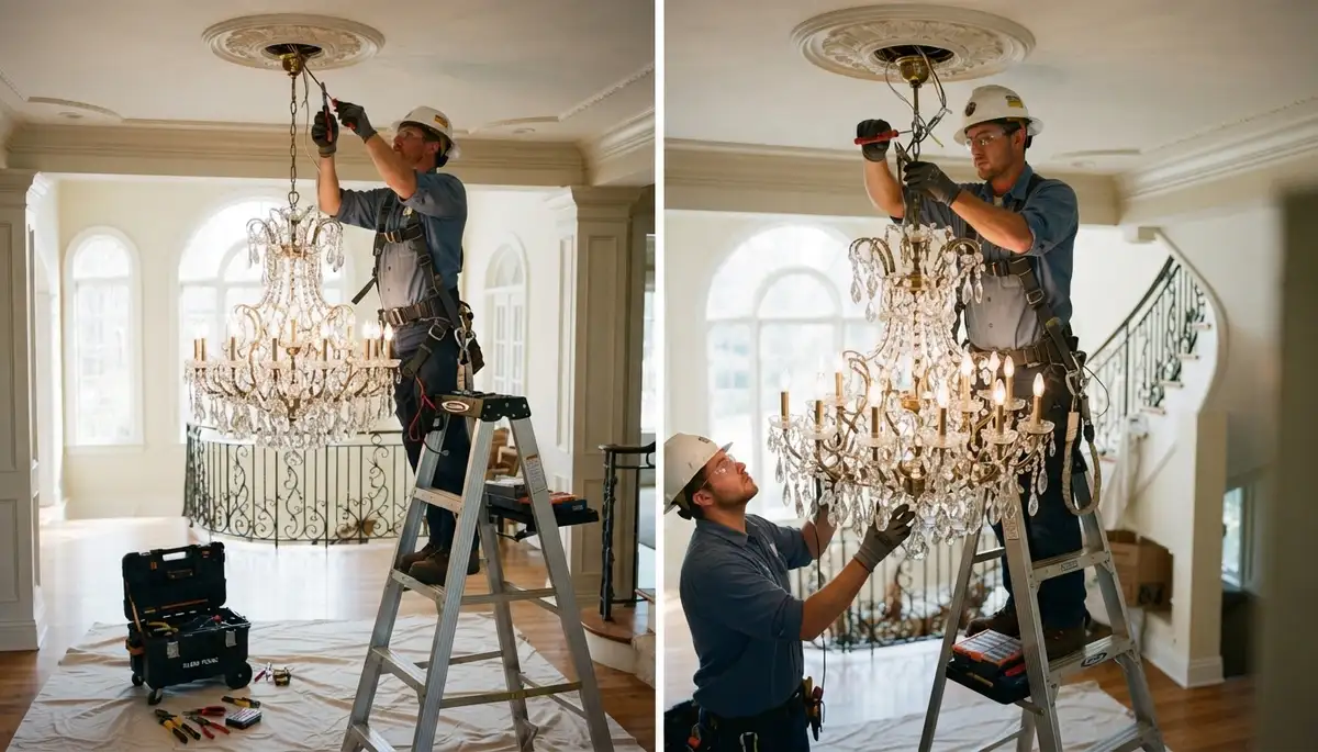 Electrician installing a chandelier in a Spokane, WA home with professional wiring and panel inspection