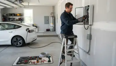 Electrician installing an electric car charger at a Spokane, WA home garage