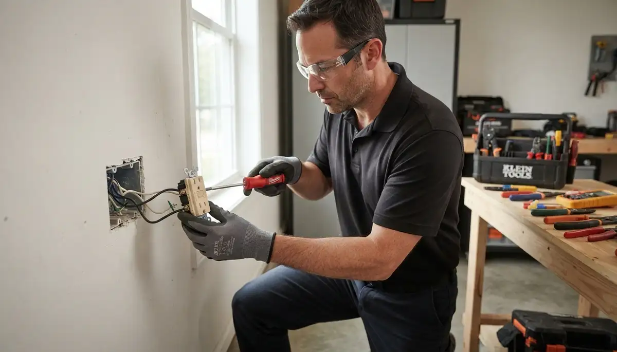 Electrician installing GFCI circuits for a Spokane, WA home near a sink and sump area