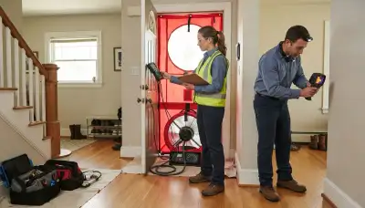 Electrician conducting a home energy audit in Spokane, WA, inspecting electrical panels and wiring