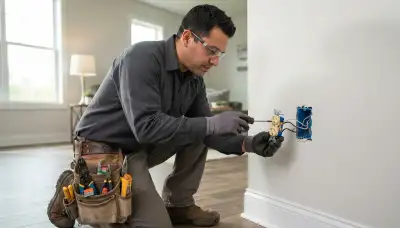 Electrician repairing an electrical outlet in a Spokane, WA home