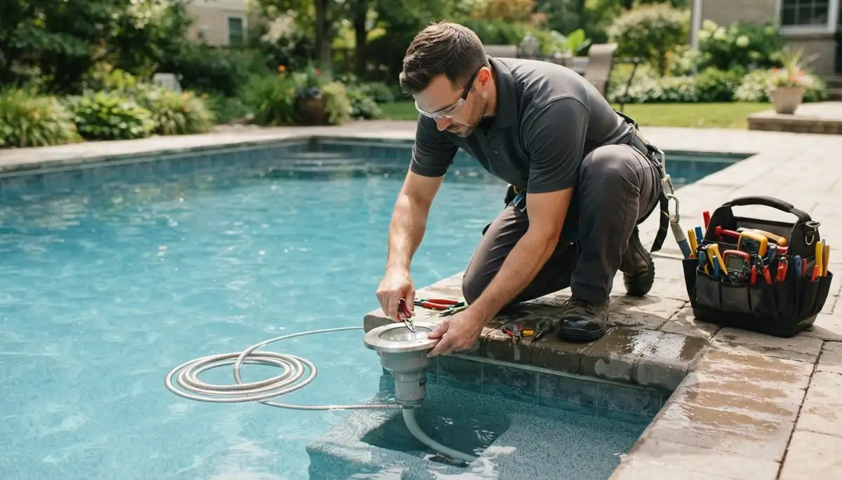 Electrician installing pool lights at a Spokane, WA home