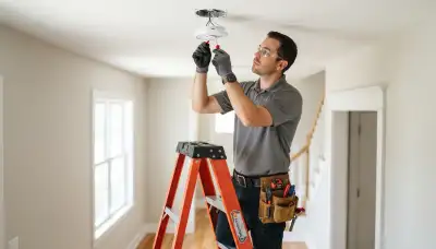 Electrician installing a smoke detector in a Spokane, WA home