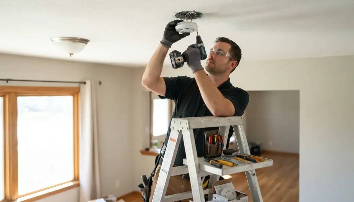 Electrician installing a smoke detector in a Spokane, WA home